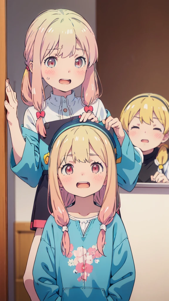((masterpiece))((Highest quality))girl、Laughing with your mouth open、blush、Flat Chest、Are thin、Blonde Hair、blush、Are standing、Whole body image、Eye level on face、、No background、Blue clothes、Hair is two colors、Twin tails、Red Eyes、Two-tone red and yellow hair、With open arms