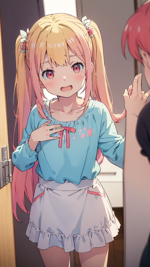 ((masterpiece))((Highest quality))girl、Laughing with your mouth open、blush、Flat Chest、Are thin、Blonde Hair、blush、Are standing、Whole body image、Eye level on face、、No background、Blue clothes、Hair is two colors、Twin tails、Red Eyes、Two-tone red and yellow hair、With open arms