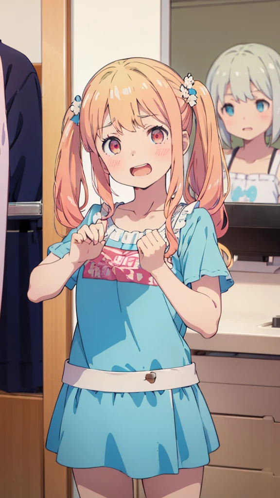 ((masterpiece))((Highest quality))girl、Laughing with your mouth open、blush、Flat Chest、Are thin、Blonde Hair、blush、Are standing、Whole body image、Eye level on face、、No background、Blue clothes、Hair is two colors、Twin tails、Red Eyes、Two-tone red and yellow hair、With open arms