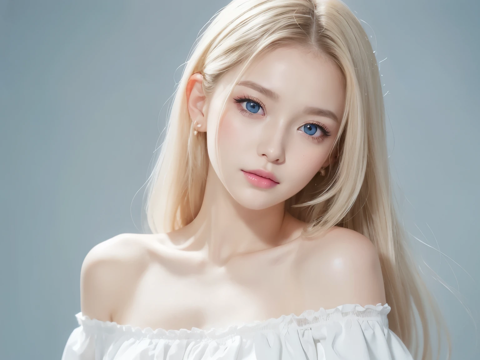 (((blouse、Off the shoulder、one piece、White Background)))、amount、Northern Europe、Russia、beautiful girl、Platinum Blonde Hair、Straight Long Hair、Hitting the face and front of the eyes、Big Blue Eyes、Sheer white and wet nightgown、Northern Europeの若者、Perfect body、White tendon、Glowing Skin、Young and beautiful skin、A perfect and beautiful little face、Bright makeup、Pale pink lips、Bright expression、16-year-old girl、lipstick、Deceptive advertising、Audience'Vision、Golden Hour Lighting、Bokeh Atmosphere Perspective、detailed、Movie Light、複雑なdetailed、High resolution、 フェイスデザインのdetailedな特徴、Attention to detail、Clear focus、Smoothness、aesthetics、Printed、Octane、{{masterpiece}}