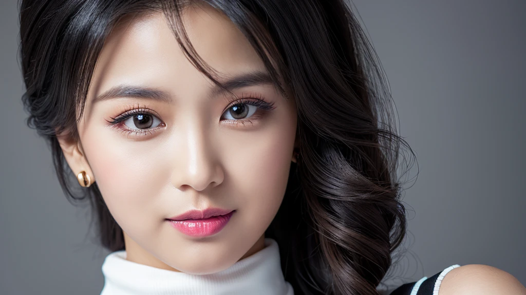 ((Detailed face)),vivid,cute,A silky black and white outfit with a turtleneck and sleeveless top,4K,Ultra-high resolution,(Photorealistic:1.7),Gray background,Long black hair,