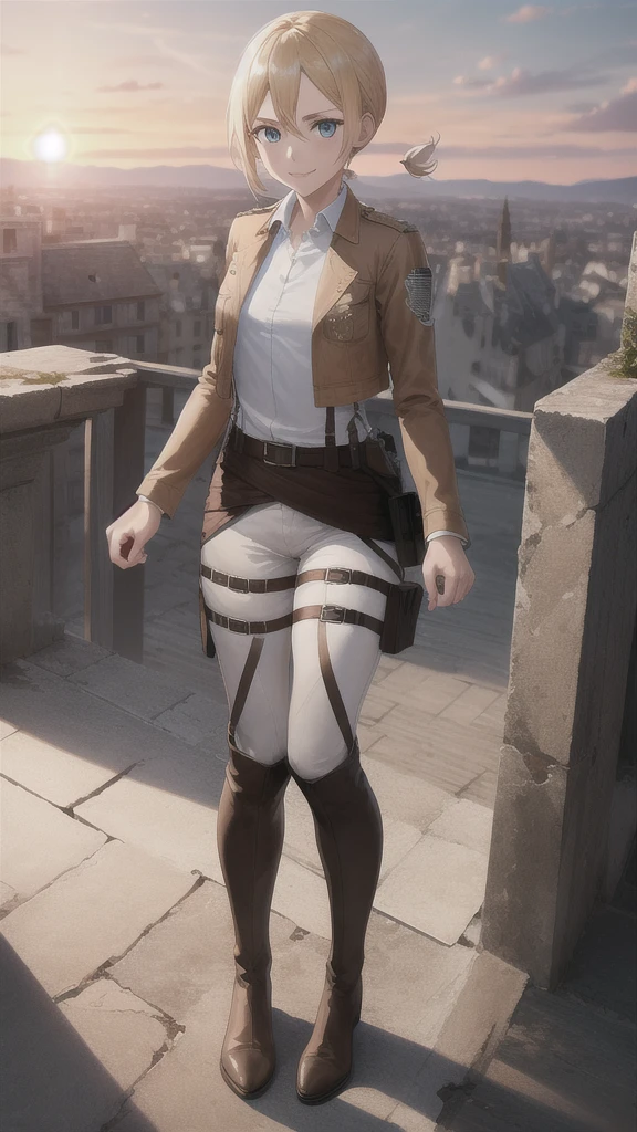 masterpiece, best quality, highres,
castle ruins, sunset, serious expression,
1girl, solo, looking at viewer, smile, v, hands down,
historia, christa renz, blonde hair, blue eyes, hair between eyes, short hair, ponytail, official art,
jacket, brown jacket, emblem, belt, thigh strap, pants, white pants, boots, shirt, white shirt, collared shirt, full body, standing