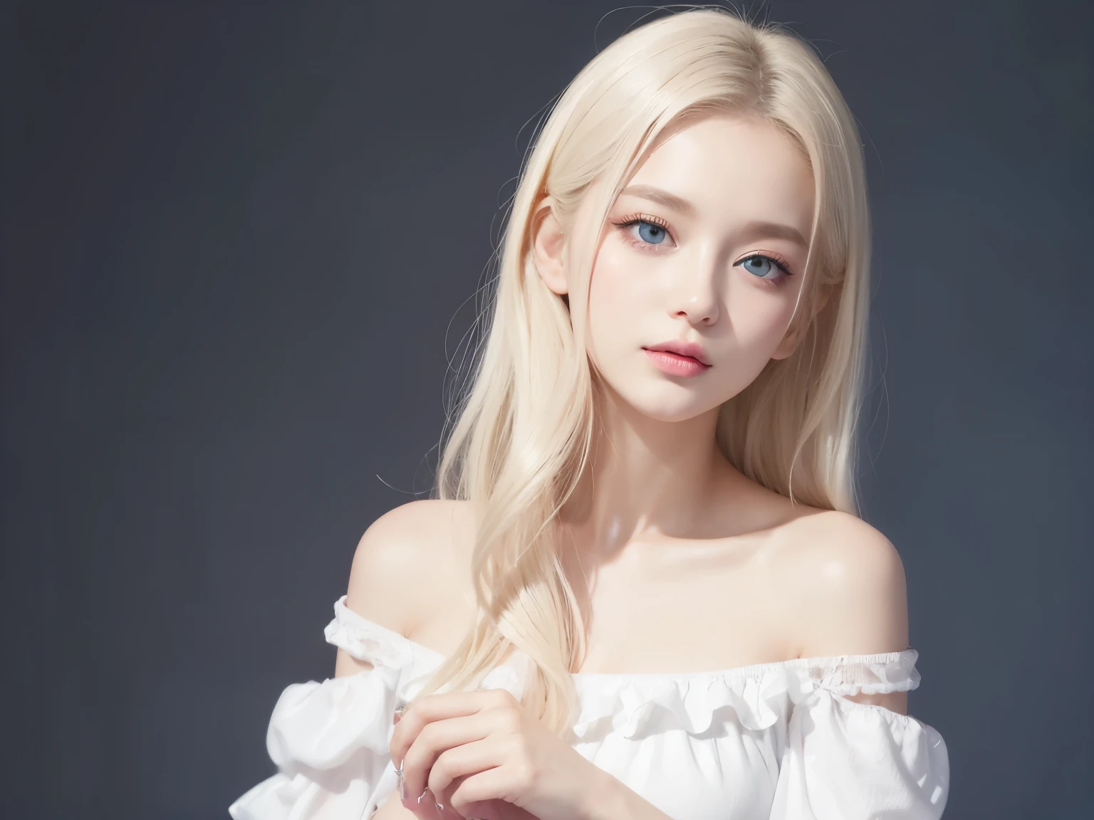 (((blouse、Off the shoulder、one piece、White Background)))、amount、Northern Europe、Russia、beautiful girl、Platinum Blonde Hair、Straight Long Hair、Hitting the face and front of the eyes、Big Blue Eyes、Sheer white and wet nightgown、Northern Europeの若者、Perfect body、White tendon、Glowing Skin、Young and beautiful skin、A perfect and beautiful little face、Bright makeup、Pale pink lips、Bright expression、16-year-old girl、lipstick、Deceptive advertising、Audience'Vision、Golden Hour Lighting、Bokeh Atmosphere Perspective、detailed、Movie Light、複雑なdetailed、High resolution、 フェイスデザインのdetailedな特徴、Attention to detail、Clear focus、Smoothness、aesthetics、Printed、Octane、{{masterpiece}}