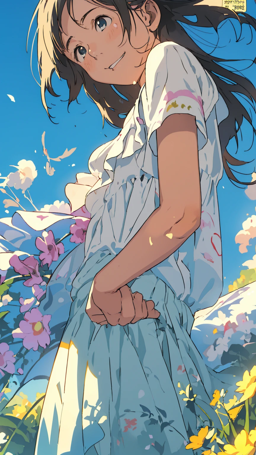 Affordable design, Clear lines, High Sharpness, (Highest quality,8k,Perfect sharpness,Ultra fine,High resolution,masterpiece:1.2), Perfect Anatomy:1.5, Official Art, Illustrations that tell a story, (Whitish background:0. 9)、Body Positivity、多Mr.な身体表現、(Random and energetic poses)、Perfect beauty、Perfect beautiful face、Strong winds、A rich expression、Dynamic composition、smile、Golden ratio composition、colorful、((Mr.々Different angles and perspectives))、Anime Art、(Mini dress)、(Overcoming stereotypes)、 Glowing Skin、(Natural beauty)、smile、Bangs、(Soft and flowing hair)、(countryside)、(Nostalgic atmosphere)、Show off your thighs、(Playful and carefree)、(多Mr.な民族のキャラクター)、(innocent attitude)、(Sunny atmosphere)、(The skirt flutters wildly in the wind)、(Bright colors)、Beautiful Eyes、(Embarrassing)、Braided Hair、Summer Scene、Smiling among flowers、Fashion magazine cover、Side angle、Angle from below、