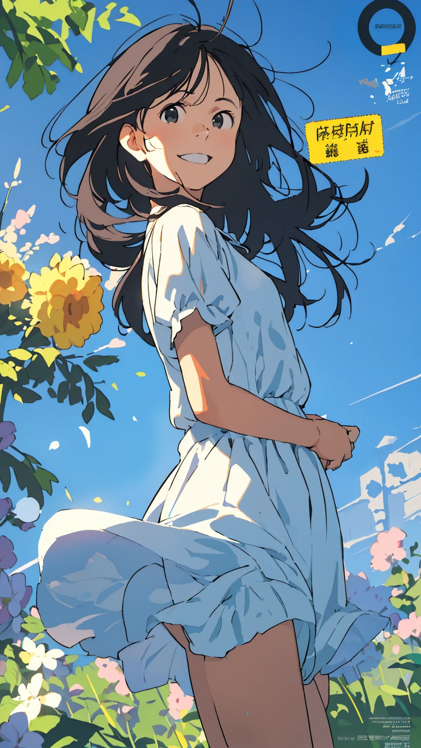 Affordable design, Clear lines, High Sharpness, (Highest quality,8k,Perfect sharpness,Ultra fine,High resolution,masterpiece:1.2), Perfect Anatomy:1.5, Official Art, Illustrations that tell a story, (Whitish background:0. 9)、Body Positivity、多Mr.な身体表現、(Random and energetic poses)、Perfect beauty、Perfect beautiful face、Strong winds、A rich expression、Dynamic composition、smile、Golden ratio composition、colorful、((Mr.々Different angles and perspectives))、Anime Art、(Mini dress)、(Overcoming stereotypes)、 Glowing Skin、(Natural beauty)、smile、Bangs、(Soft and flowing hair)、(countryside)、(Nostalgic atmosphere)、Show off your thighs、(Playful and carefree)、(多Mr.な民族のキャラクター)、(innocent attitude)、(Sunny atmosphere)、(The skirt flutters wildly in the wind)、(Bright colors)、Beautiful Eyes、(Embarrassing)、Braided Hair、Summer Scene、Smiling among flowers、Fashion magazine cover、Side angle、Angle from below、