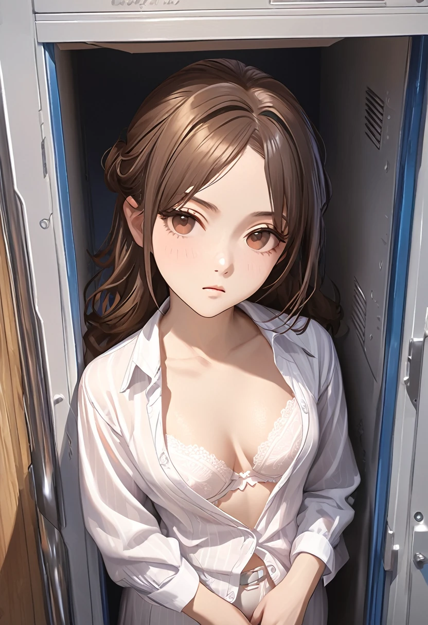 (((masterpiece) (((((Highest quality))))((high resolution))))), Very detailed, Ultra-realistic, )、、lockerルーム、Open shirt、White Bra、White panties、Brown Hair、、locker、Change of clothes、((Expressionless))、From above.stand、Look away