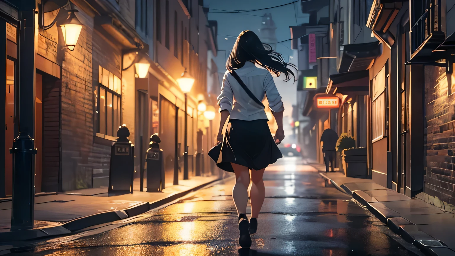 night motion scene, back view, 26 year old woman with black hair and white shirt, black skirt, running in the rain in old, dark, old city, at night, (best quality, 4k, 8k, high resolution, masterpiece: 1.2), ultra detailed, (realistic, photorealistic, photorealistic: 1.37), hdr, uhd, studio lighting, ultra fine painting, sharp focus, physically based rendering, extreme detailed description, professional, vivid colors, bokeh, portrait, spectacular lighting