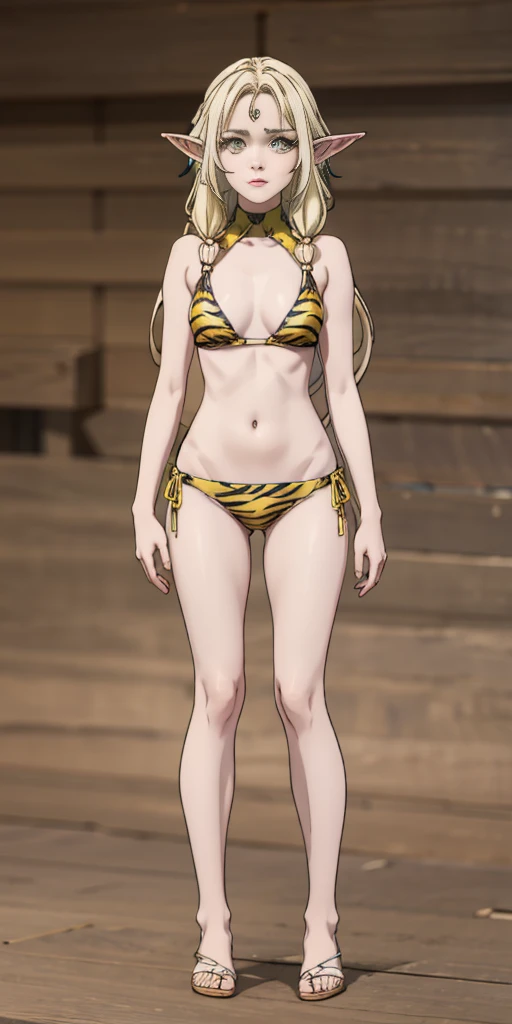 tsundere elf full body toe to head, long hair, blonde hair (green eyes:1.1) pointy ears, elf, multicolored hair, forehead jewel, yellow tiger bikini, standing symmetrical, plain background