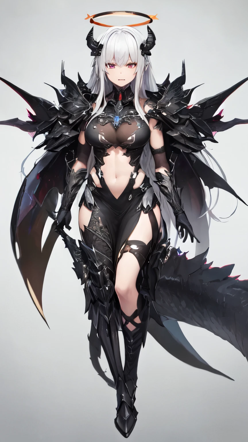 masterpiece, high quality, 4K, HDR, armored dress knight, black halo above head, black horns on head, A black dragon tail is growing, large black wings on back, Silver hair, intake hairstyle, blunt bangs, long hair, disgruntled expression, crimson eyes, narrowed eyes, sharp teeth, slightly pointed ears, slightly open mouth, low angle, full body, athletic, toned body, medium breasts
