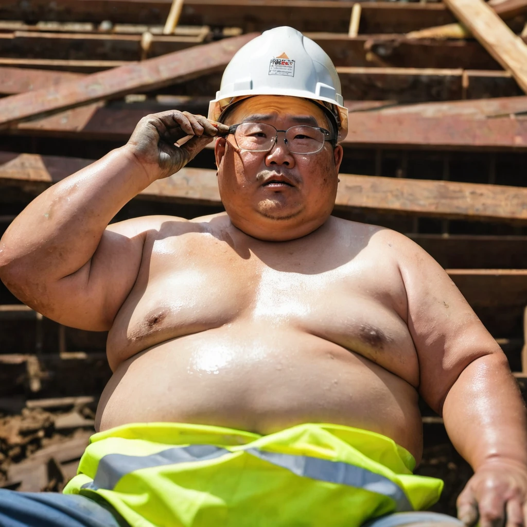 Male, Fat, Chubby, Asian, 50 years old, working in construction, Sitting, Working, Stained, Dirty, Wet, eye glasses, not wearing a shirt, Shirtless, wearing a safety hat, Down view, Bottom view, Look down.
