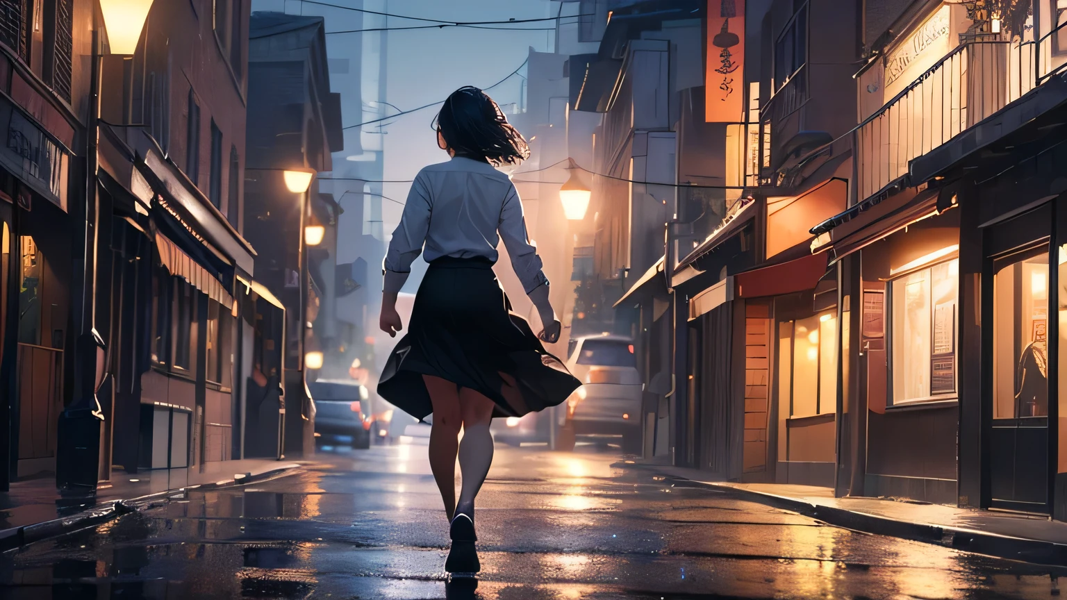 night motion scene, back view, 26 year old woman with black hair and white shirt, black skirt, running in the rain in old, dark, old city, at night, (best quality, 4k, 8k, high resolution, masterpiece: 1.2), ultra detailed, (realistic, photorealistic, photorealistic: 1.37), hdr, uhd, studio lighting, ultra fine painting, sharp focus, physically based rendering, extreme detailed description, professional, vivid colors, bokeh, portrait, spectacular lighting