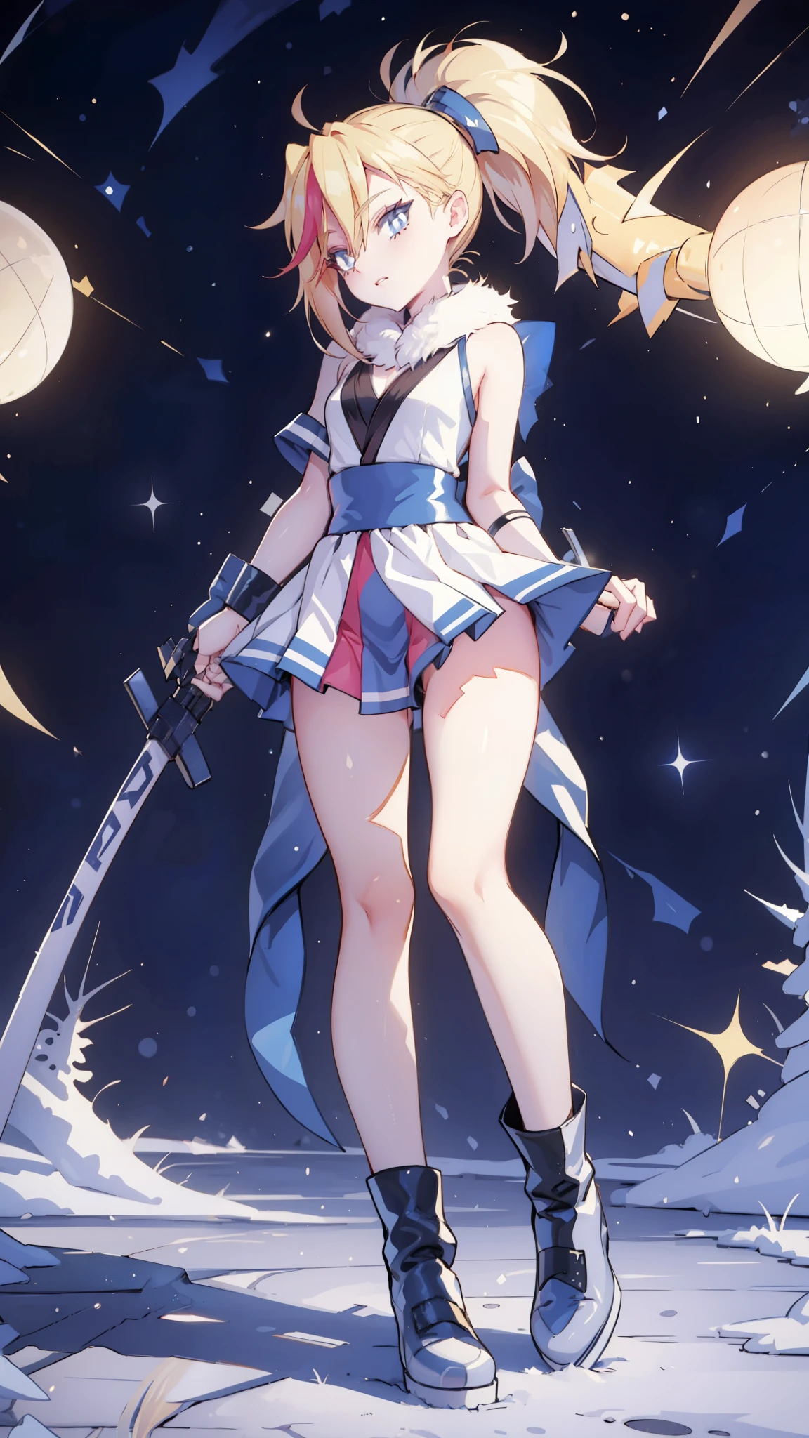 1 girl, ultra long hair, ultra detailed face, glowing lips, glowing blue eyes, very long ponytail, elegant walk, catwalk, holding down a giant katana, blonde, long eyelashes, long boots , looking to the sky, starry sky, a ultra giant katana