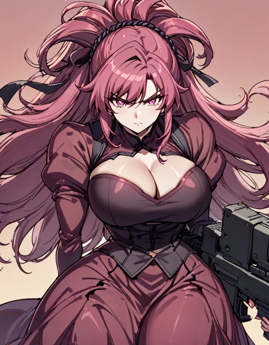 Anime, 1 girl, solo, kimtag, Very long Spiked hairstyle, Mulberry colored hair,pink eyes, serious face, Holding a machine gun, busty, firm plump body, genetics's , Juliet sleeves, deep cleavage, large hair ribbon,, large skirt