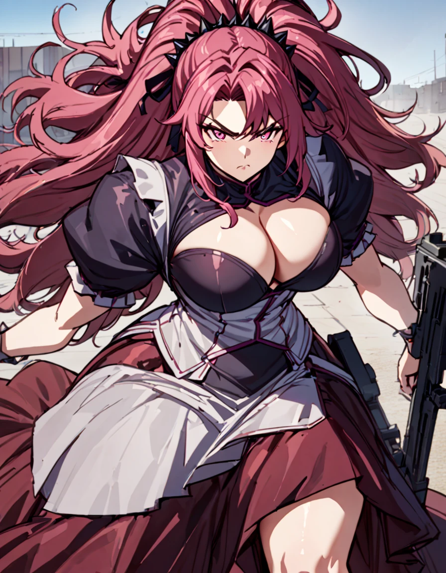 Anime, 1 girl, solo, kimtag, Very long Spiked hairstyle, Mulberry colored hair,pink eyes, serious face, Holding a machine gun, busty, firm plump body, genetics's , Juliet sleeves, deep cleavage, large hair ribbon,, large skirt