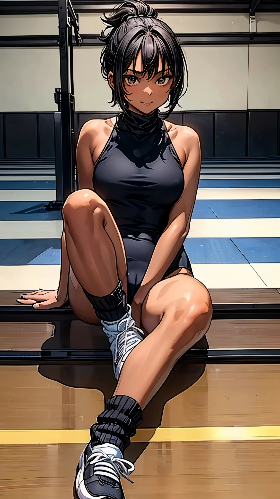((Face focus2.0)),,Inside the sports gym,inside the dance studio,((sitting,extend her left leg)),One girl,sweat,(dark skin color),short black hair,seductive smile,high-neck-leotard,((loose socks2.0)),((loose socks2.0)),sneaker.