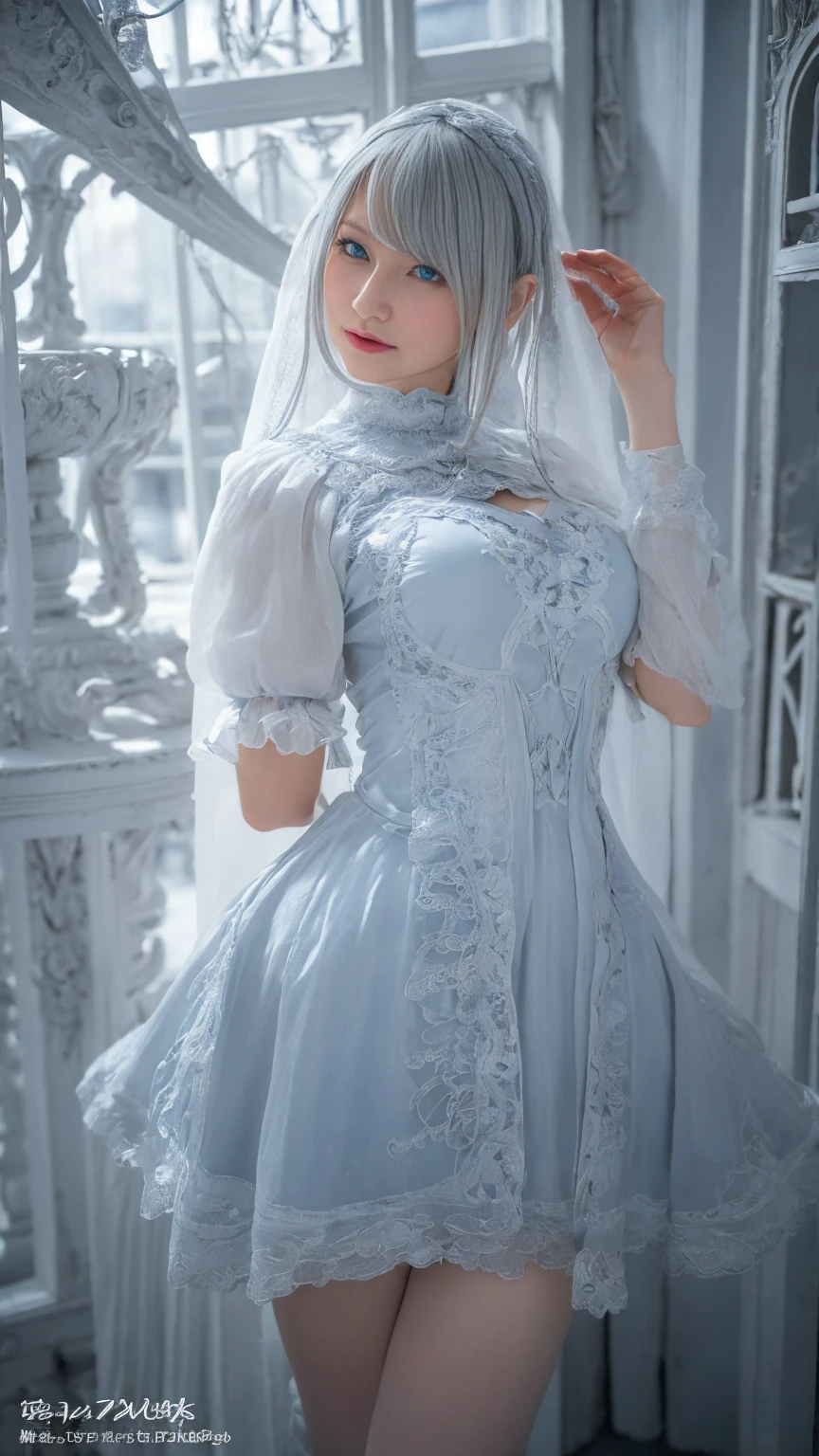 ((high quality)),Tabletop,(Detailed depiction of the local area:1.2),One Girl,blue eyes,Big ample breasts,Mouth closed,eyelash,View your viewers,Portraiture,alone,Upper Body,Gray Hair,White Theme,lolita costume costume, Casual pose, Photorealistic horny girl rendering, Surreal , seductive horny girl