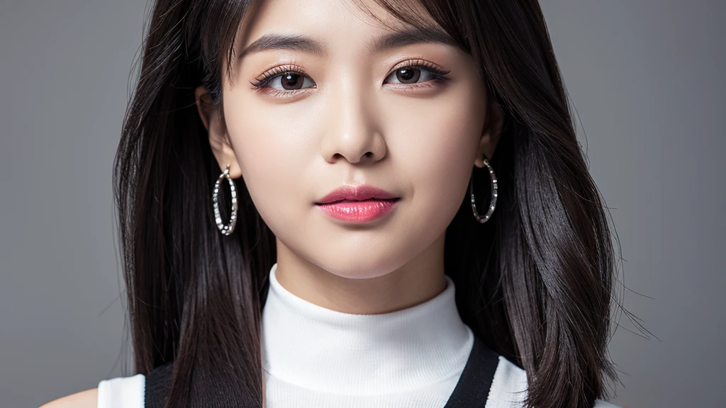 ((Detailed face)),vivid,cute,A silky black and white outfit with a turtleneck and sleeveless top,4K,Ultra-high resolution,(Photorealistic:1.7),Gray background,Long black hair,
