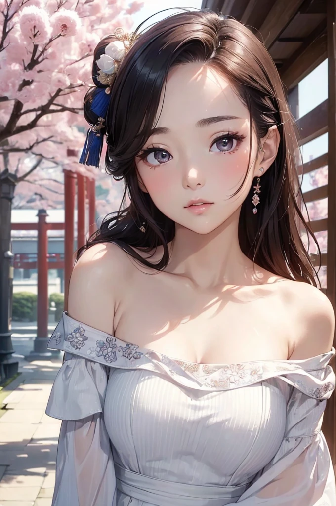 (((masterpiece))),(((High resolution)))、(((8K)))、(((perfect face)))、(((beauty of japan)))、40 years old、(((beautiful face))), (((off shoulder dress))),  Plump, embarrassed look, look at the camera、top quality eyes, detailed texture, look at the camera, big , Girl covered in white lotion
