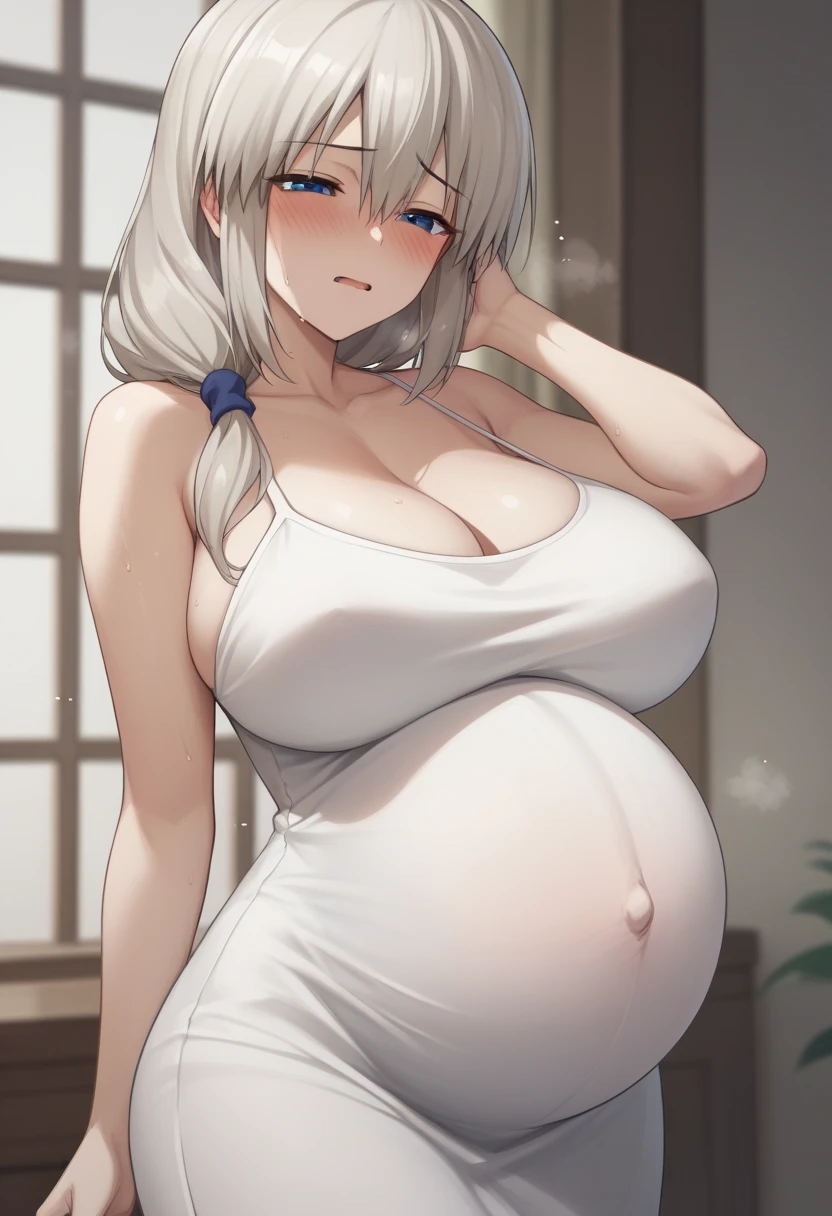 Cleavage、Huge breasts、blush、Sweat、In the heat、Long white hair、Braiding、uzaki_fortune、
{Highest quality}, {so beautiful}, {Very detailed}, {Best illustrations},Life、Slim:1.5、Pregnant women、Camisole dress(tight)、Are standing