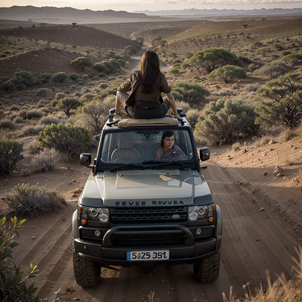 Na savanna on the African, ao por do sol, a Land Rover Safari is stopped, around the red dust.
The silence is broken only by the sound of nature.
On top of the vehicle, Vintage Gabriela contemplates the majesty of the wild landscape