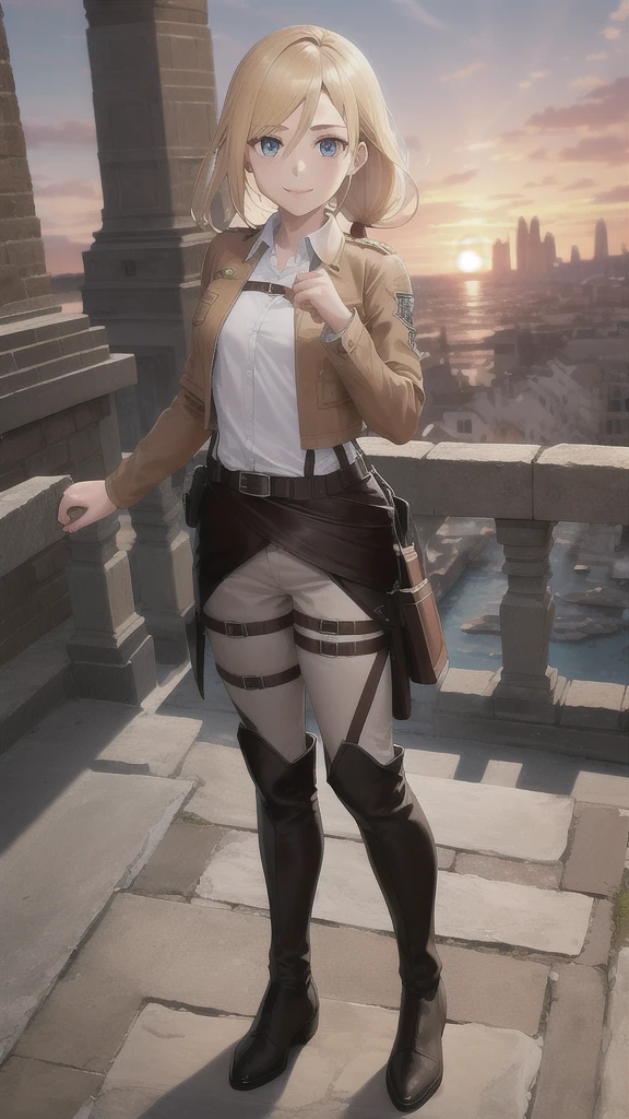masterpiece, best quality, highres,
castle ruins, sunset, serious expression,
1girl, solo, looking at viewer, smile, v, hands down,
historia, christa renz, blonde hair, blue eyes, hair between eyes, short hair, ponytail, official art,
jacket, brown jacket, emblem, belt, thigh strap, pants, white pants, boots, shirt, white shirt, collared shirt, full body, standing
