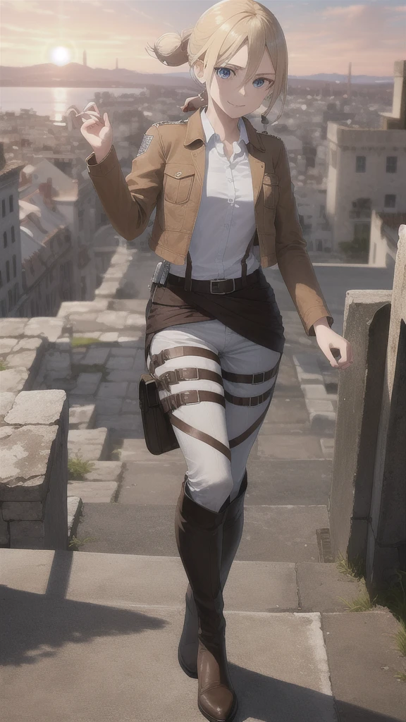 masterpiece, best quality, highres,
castle ruins, sunset, serious expression,
1girl, solo, looking at viewer, smile, v, hands down,
historia, christa renz, blonde hair, blue eyes, hair between eyes, short hair, ponytail, official art,
jacket, brown jacket, emblem, belt, thigh strap, pants, white pants, boots, shirt, white shirt, collared shirt, full body, standing