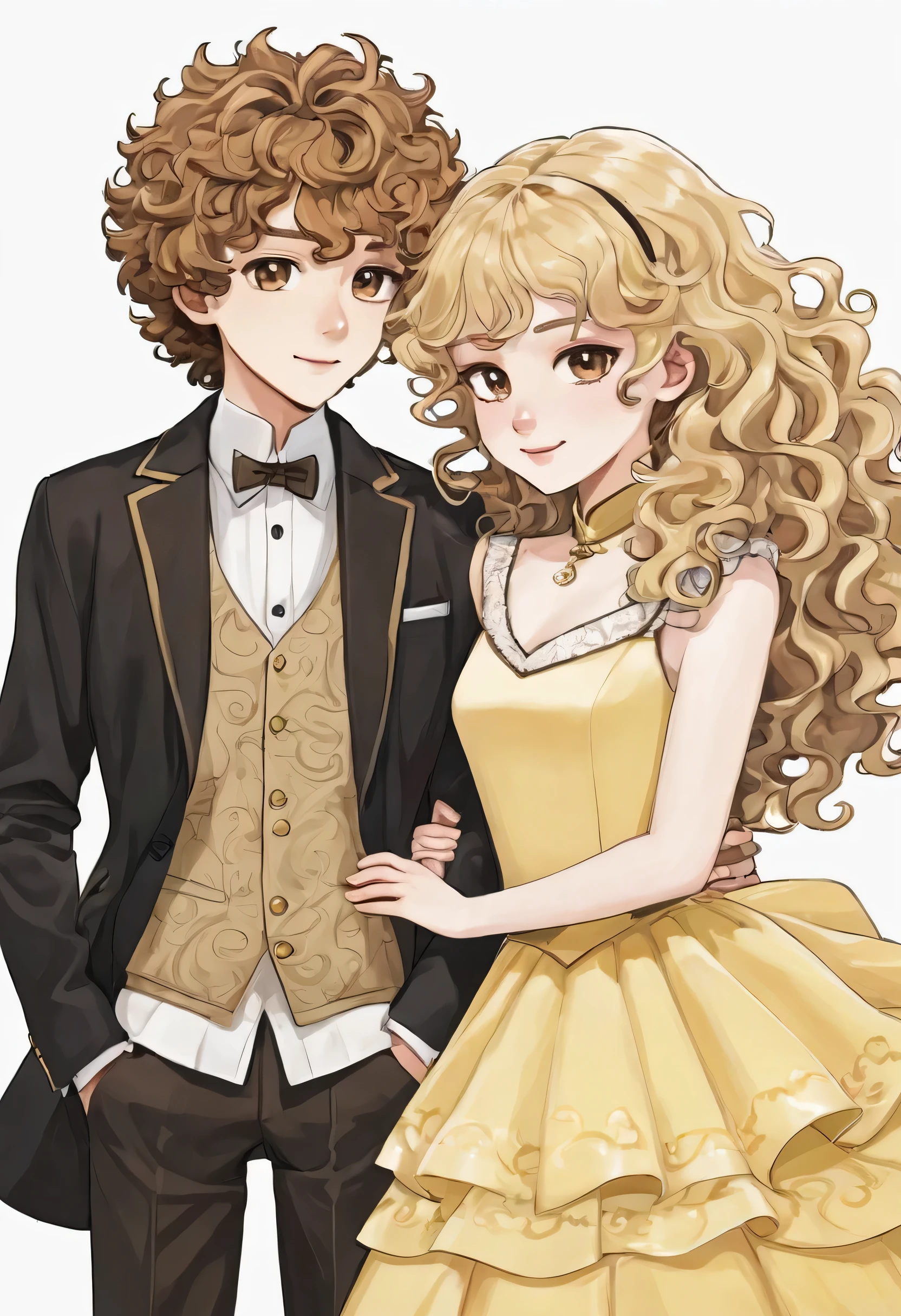 Create a couple.
has straight, blonde hair Boy has curly, brown hair Both have white skin