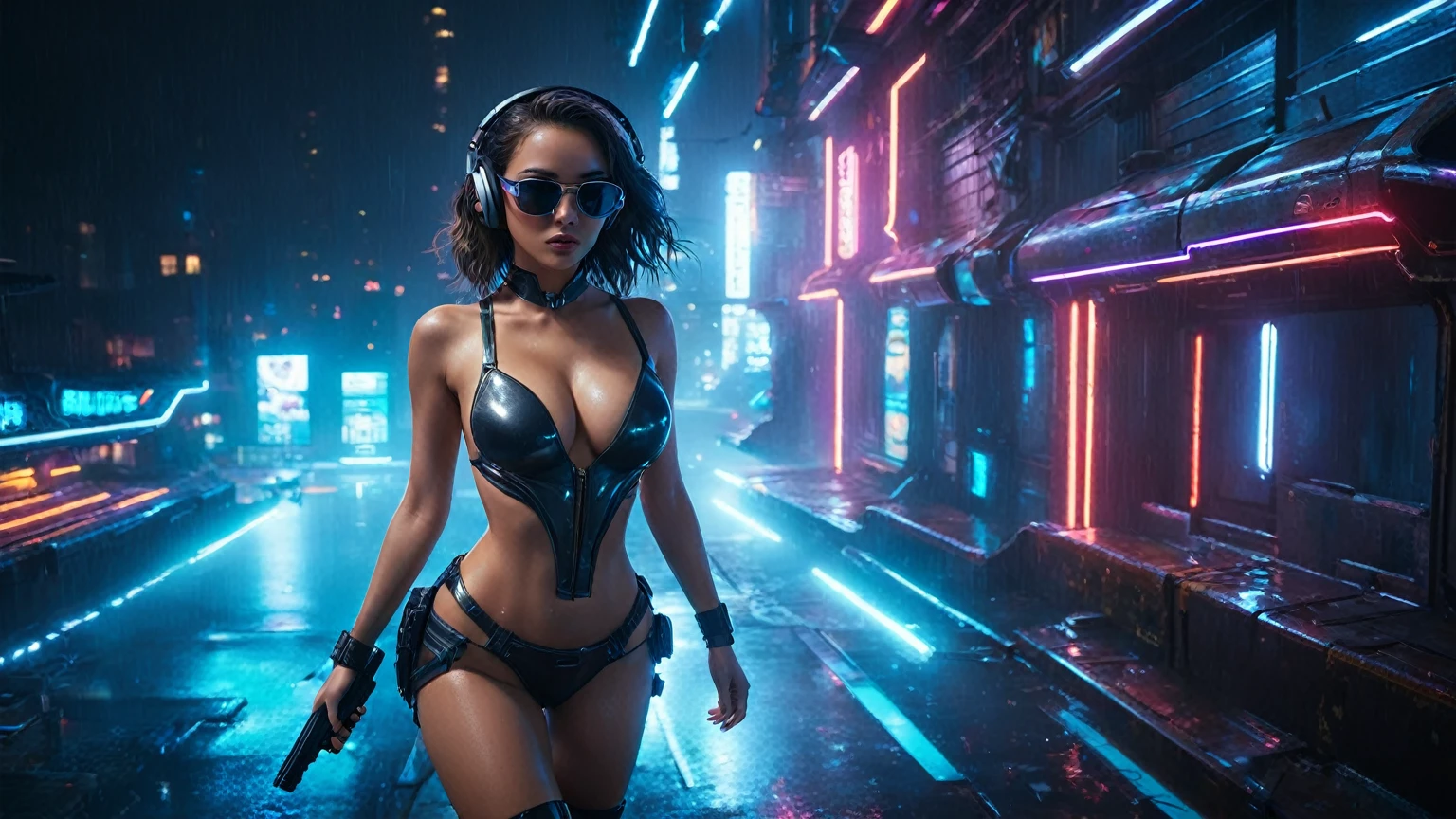 (aerial view, a flying cars docking platform, a very dark abandoned futuristic city, neon lights), rainy night. 1girl, solo, alone, large-breast:1.2 slim body, cleavage:1.1, sexy wind blowing wet dress:1.4, (headphone, black sunglasses), (((she raised:1.8 a pistol:1.8 and took aim))), dynamic pose, (((half-body thigh level medium shot))), cinematic lighting, lens flare, ray tracing.