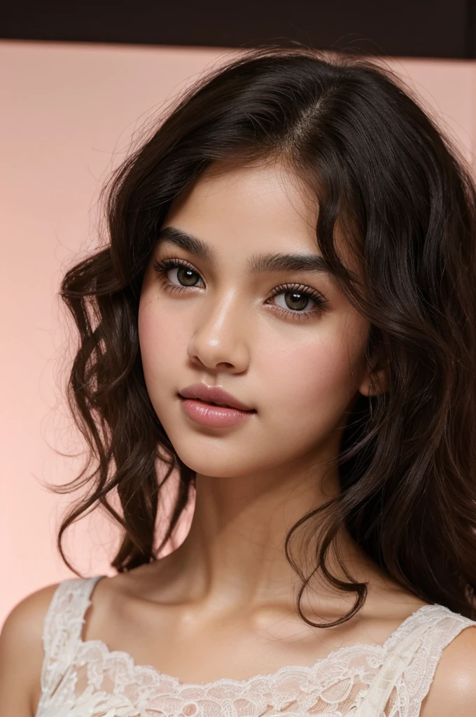 ((best quality)), ((masterpiece)), (detailed), brown eyes, black rosy cheeks, long wet black curly hair, white background, pink lips, beauty marks, doe eyes, majestic, angelic looking, lightskin, brown eyes, elegant, round face, soft feminine features,