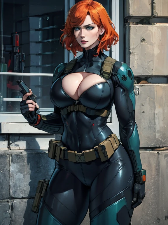 Imagine Christina Hendricks as a Metal Gear Solid character, powerful female character, short wavy orange hair and bright blue eyes, 48 years old, striking and mature facial features, agile and athletic build, (Wearing: Fingerless Gloves, skin-tight suit, black and green stealth suit, cleavage cutout, utility belt, metallic armlets, armored boots, gun holsters), The suit is so tight that Christina Hendricks breasts barely fit in it, The suit emphasizes her stealth and combat prowess. Stealthy and formidable presence of the character, hyper-realistic rendering to capture every minute detail, showcasing the mastery of digital portrait artistry, ultimate photorealistic quality, highly detailed facial expression showcasing the determination and strategy of the character,  subtle hints of high-tech and militaristic elements reflecting the true essence of the Metal Gear Solid universe, vibrant colors with deep gray’s and contrasting cool tones, creating a visually striking and captivating portrait.
