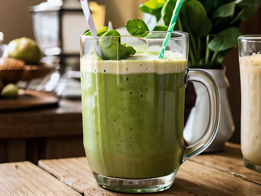 Create a photo of a spinach smoothie, avocado, soy milk that the decoration is the ingredients and is in a shop glass
