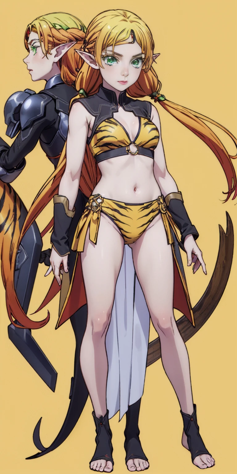 tsundere elf full body toe to head, long hair, blonde hair (green eyes:1.1) pointy ears, elf, multicolored hair, forehead jewel, yellow tiger bikini, standing symmetrical, plain background