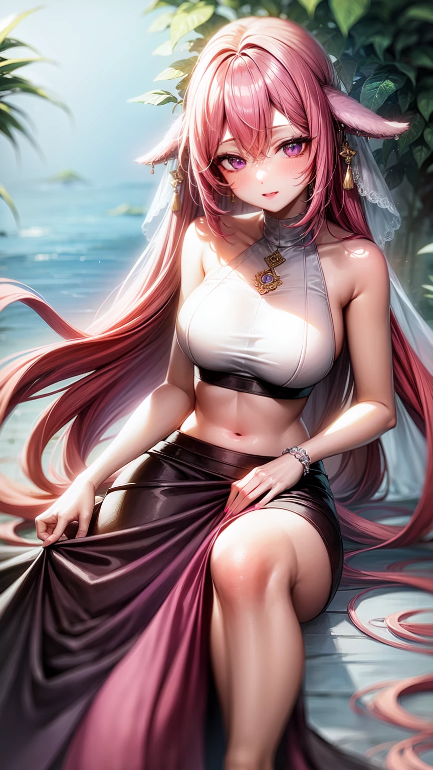purple eyes,Wedding dress,long skirt,crop top,pink hair