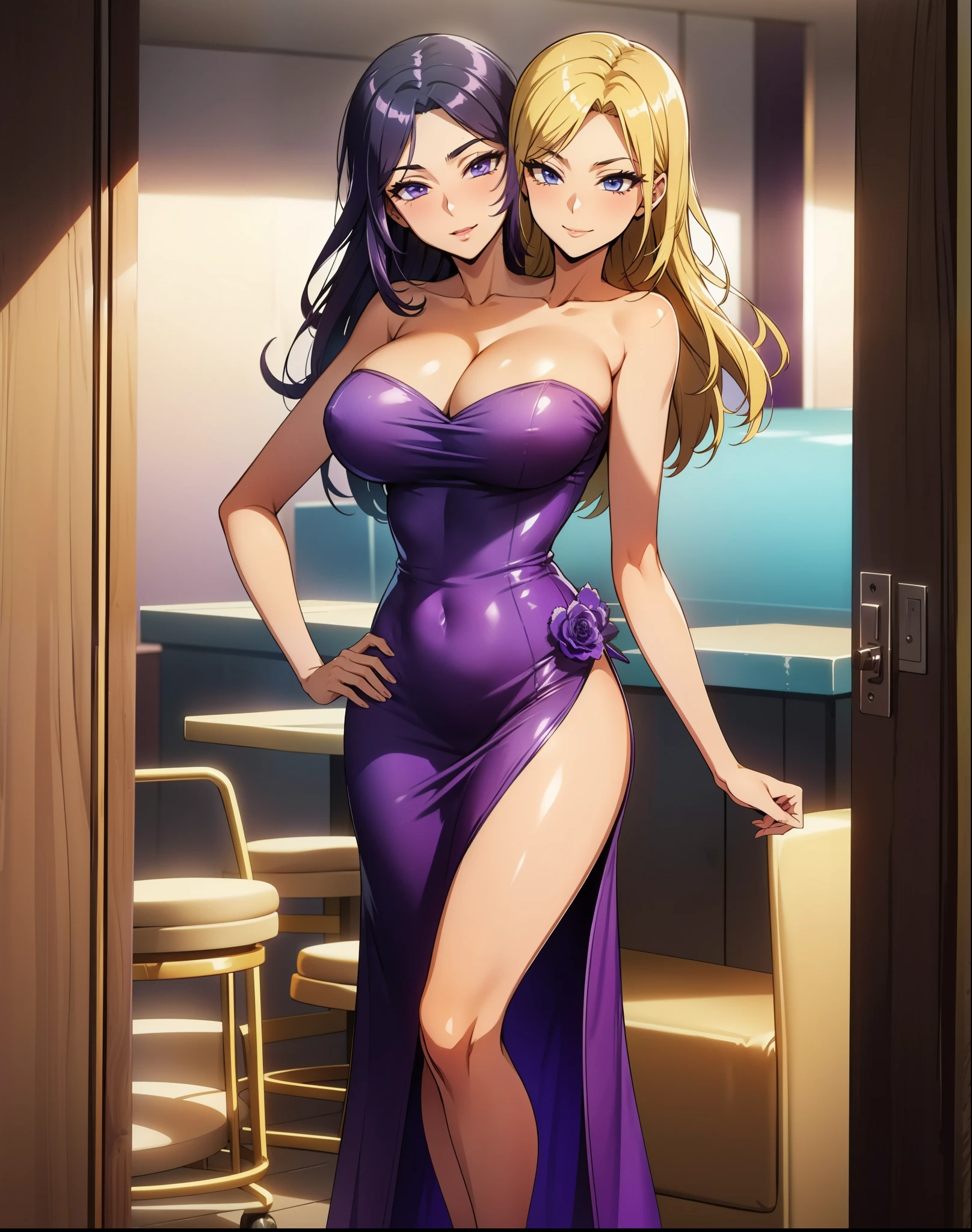 (16K), two headed woman, smiling, highres, masterpiece, ((black hair)), ((blonde hair)), ((different hair color)), cleavage, ((violet purple dress:1.5)), lustrous and smooth skin, (mature woman), (blue eyes), ((queen dress)), seductive silhouette, ((slim hips)), (one-sided strapless beige top), (beige skirt), blouse, looking sexy, beautiful, tight, tight dress, long hair