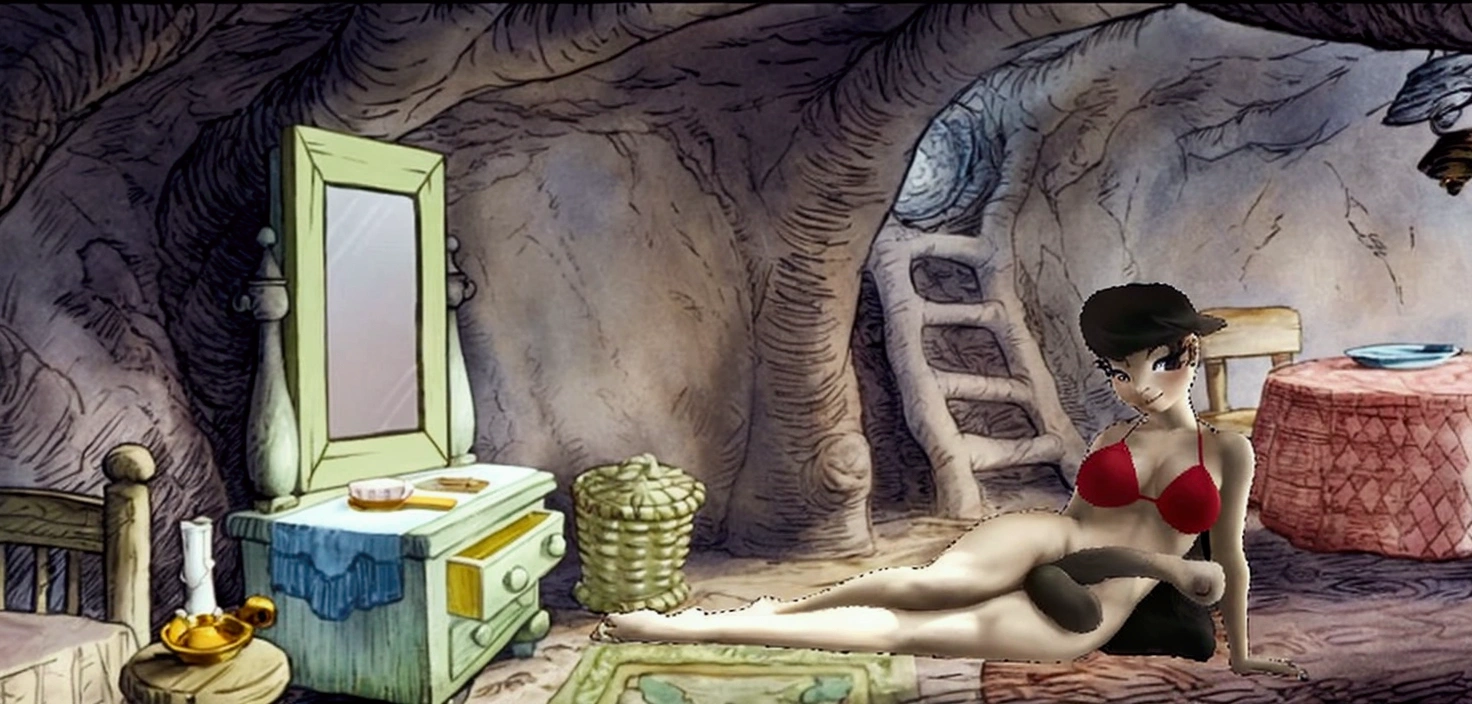 there is a woman in a bikini laying on a bed, point-and-click adventure game, todd schorr, by Krzysztof Boguszewski, digitally painted, todd schorr highly detailed, in his hobbit home, animated film still, interior of a hobbit hole, alice goes down the rabbit hole, animation film still, animated movie shot