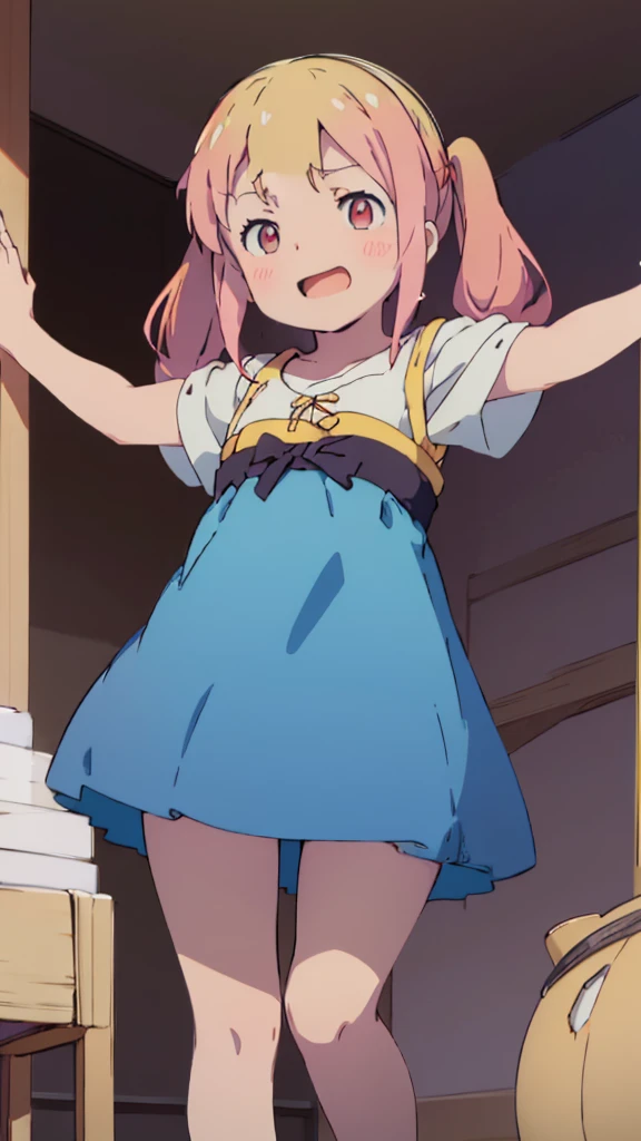 ((masterpiece))((Highest quality))girl、Laughing with your mouth open、blush、Flat Chest、Are thin、Blonde Hair、blush、Are standing、Whole body image、Eye level on face、、No background、Blue clothes、Hair is two colors、Twin tails、Red Eyes、Two-tone red and yellow hair、With open arms