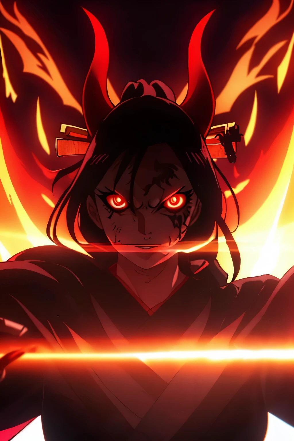 dark demon girl, ancient dark demonic evil samurai, evil look, dark scenery, sexi, body covered in blood, tatoos on face and body, red glowing eyes, combat stance, evil, violent, bloody, psychotic, wielding an ancient samurai sword, slicing through a zombie ninja,ruins of a dojo in background, vibrant appearance, ultra high details, detailed face, creative behavior, imaginative, sensual, spontaneous, highest quality, skin texture, intricate details, (cinematic lighting), RAW photo, 8k