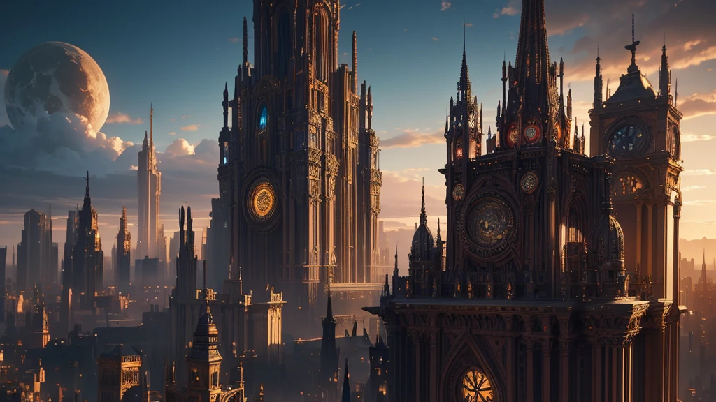 An extravagant and vibrant steampunk and fantasy world where ancient and futuristic realms collide. The cityscape is a blend of ornate architecture, with intricate gears and clockwork elements, alongside towering skyscrapers that stretch into the heavens. Dark, mysterious shadows create depth and contrast, while ethereal flying orbs gracefully weave through the sky. The atmosphere is both dark and fantastical, with a cinematic, ultra-realistic quality that captivates the viewer. This captivating scene is a testament to the beauty and imagination of the steampunk and fantasy genres