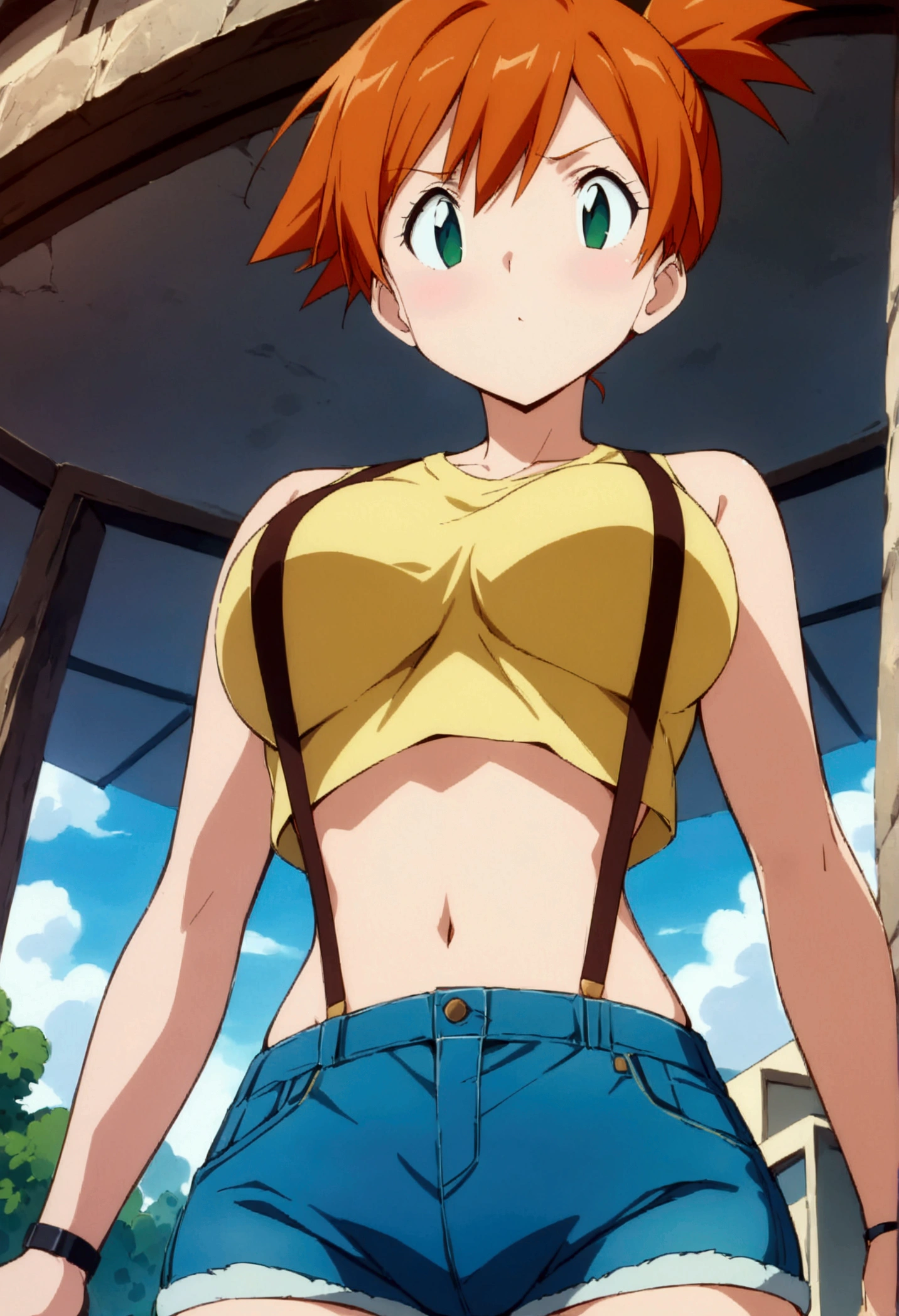 (score_9, score_8_up, score_7_up), (best quality, masterpiece),perfect anatomy,aesthetic,very aesthetic,official style, ultra-high resolution,source_anime.from below,below view,face focus ,,standing ,  (mature) ,1girl, Outdoor, Green Eyes, Orange Hair, , Yellow Shirt, Sleeveless shirt,stomach, Denim shorts, suspenders, ,   (slender), ,shirt_pull:1.2,(Composition)
