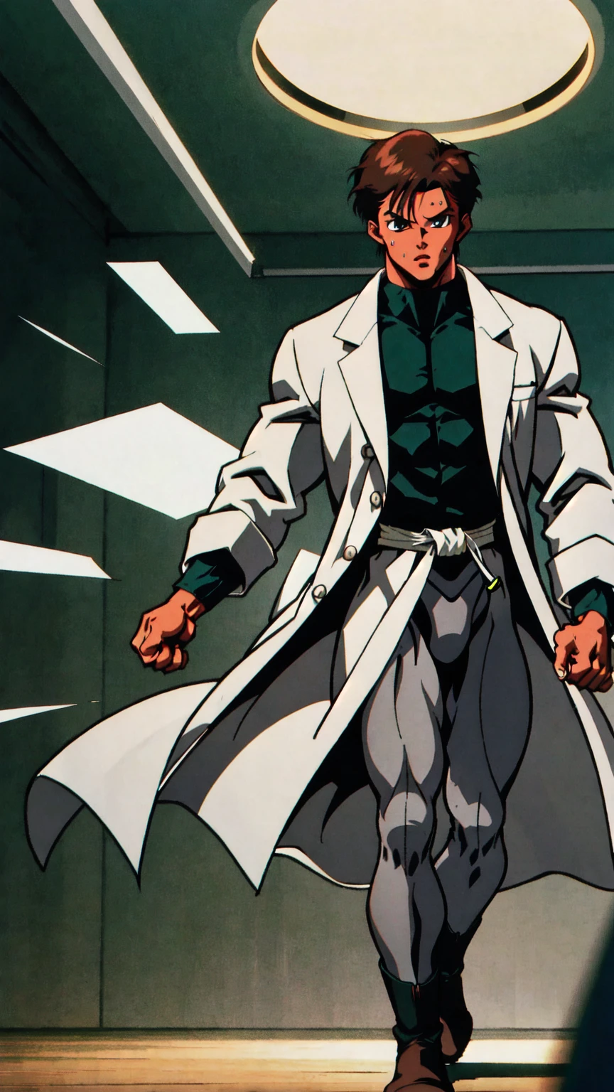 young man, {( (face) similar to Shinji Ikari)}, ((youthful)), (passionate), (softhearted), (socially awkward), (meek), (bashful), (dorky), (doglike), 19-year-old, ( (combed) parted (dark brown hair) ), (glossy light skin), ( ((big)) ((tired)) (green eyes) ), (((doctor))), (((fighter))), ( (skintight) (long sleeve) (black) ((compression shirt)) ), ( (tight) (dark gray) ((compression pants)) ), ( (brown) ((combat boots)) ), ( (tight) (light gray) ((lab coat)) (with buttons) ), (huge bulge in pants), tall, ripped, shredded, amazing physique, strong body, toned abs, big round shoulders, toned quadriceps, well-toned muscles, well-trained muscles, powerful muscles, peak condition, vascular, high muscle mass, sweating, sweaty, training in a dojo alone, tense atmosphere, amazing lighting, backlight, ((masterpiece)), ((full shot)), ((90s anime))