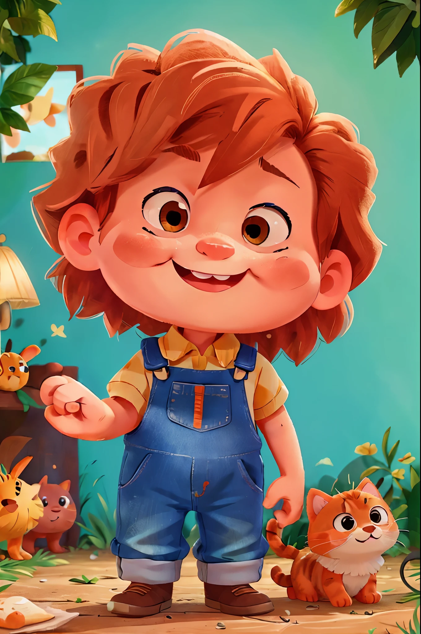 Orange tabby cat with light blue eyes, a big cute smile showing small fangs, wearing farmer clothes with overalls and lovely yellow boots, a small pink nose, a kitten with big eyes and rosy cheeks.