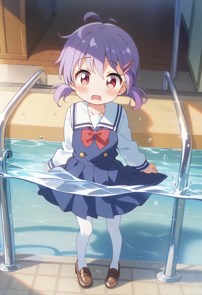 score_9, score_8_up, score_7_up, source_アニメ, masterpiece, 1girl, work, school uniform, blue dress, sailor dress, pinafore dress, white sailor collar,white shirt, red bowtie, long sleeves, flat chest, white pantyhose, loafers, from above, indoors, shiny hair, cuteポーズ, (Completely flooded)、((The skirt spreads over the water surface.))、(Drowning), Immersed in water、Transparent pool, Water Play, Primary school students、Skirt fully open、Long wide skirt、cute、blush、Watery eye、Lots of water、Wet