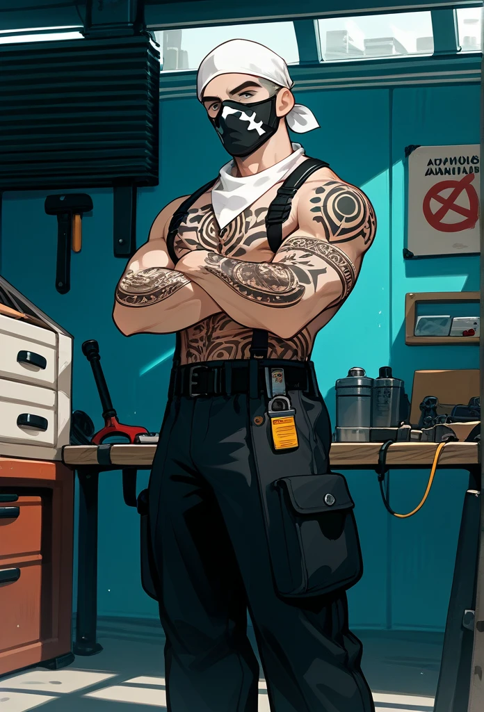 masterpiece, best quality, male, (masked face, full mask, covered face), white bandana, gray hair, short hair, spiky hair, mature body, muscular body, mechanic pants, tool belt, workshop, tattoos, covered in tattoos, holding hammer