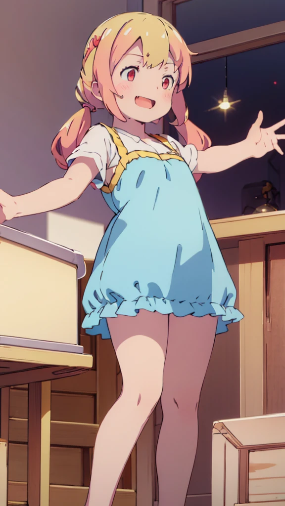 ((masterpiece))((Highest quality))girl、Laughing with your mouth open、blush、Flat Chest、Are thin、Blonde Hair、blush、Are standing、Whole body image、Eye level on face、、No background、Blue clothes、Hair is two colors、Twin tails、Red Eyes、Two-tone red and yellow hair、With open arms