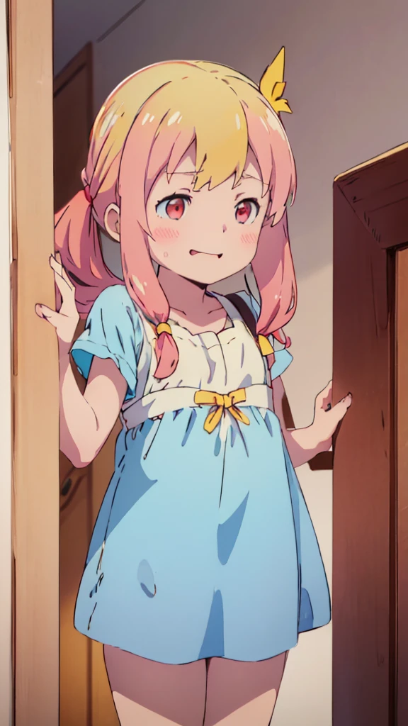 ((masterpiece))((Highest quality))girl、Laughing with your mouth open、blush、Flat Chest、Are thin、Blonde Hair、blush、Are standing、Whole body image、Eye level on face、、No background、Blue clothes、Hair is two colors、Twin tails、Red Eyes、Two-tone red and yellow hair、With open arms