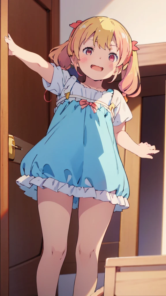 ((masterpiece))((Highest quality))girl、Laughing with your mouth open、blush、Flat Chest、Are thin、Blonde Hair、blush、Are standing、Whole body image、Eye level on face、、No background、Blue clothes、Hair is two colors、Twin tails、Red Eyes、Two-tone red and yellow hair、With open arms