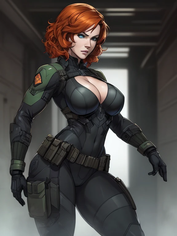 Imagine Christina Hendricks as a Metal Gear Solid character, powerful female character, short wavy orange hair and bright blue eyes, 48 years old, striking and mature facial features, agile and athletic build, (Wearing: Fingerless Gloves, skin-tight suit, black and green stealth suit, cleavage cutout, utility belt, metallic armlets, armored boots, gun holsters), The suit is so tight that Christina Hendricks breasts barely fit in it, The suit emphasizes her stealth and combat prowess. Stealthy and formidable presence of the character, hyper-realistic rendering to capture every minute detail, showcasing the mastery of digital portrait artistry, ultimate photorealistic quality, highly detailed facial expression showcasing the determination and strategy of the character,  subtle hints of high-tech and militaristic elements reflecting the true essence of the Metal Gear Solid universe, vibrant colors with deep gray’s and contrasting cool tones, creating a visually striking and captivating portrait.
