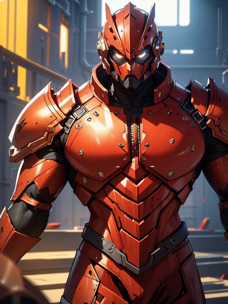 RED and gold armor, male futuristic bodybuilder scientist using a mechanical armor, super strong, portrait, closeup, best quality,4k,8k,highres,masterpiece:1.2,ultra-detailed,realistic,photorealistic,photo-realistic:1.37,HDR,UHD,studio lighting,ultra-fine painting,sharp focus,physically-based rendering,extreme detail description,professional