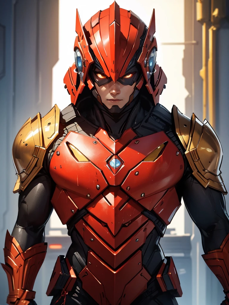 RED and gold armor, male futuristic bodybuilder scientist using a mechanical armor, super strong, portrait, closeup, best quality,4k,8k,highres,masterpiece:1.2,ultra-detailed,realistic,photorealistic,photo-realistic:1.37,HDR,UHD,studio lighting,ultra-fine painting,sharp focus,physically-based rendering,extreme detail description,professional