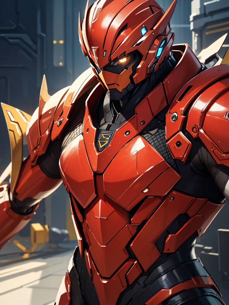 RED and gold armor, male futuristic bodybuilder scientist using a mechanical armor, super strong, portrait, closeup, best quality,4k,8k,highres,masterpiece:1.2,ultra-detailed,realistic,photorealistic,photo-realistic:1.37,HDR,UHD,studio lighting,ultra-fine painting,sharp focus,physically-based rendering,extreme detail description,professional